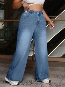 RueChic Calça jeans feminina plus size cintura alta bolsos perna larga solta casual versátil - Baby Azul - Ver 5