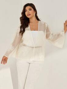 Auralis Plus Size Women Elegant Commuter Floral Embroidery Bell Sleeve Top