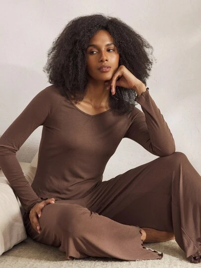 Ocili 女士纯色长袖上衣和裤子休闲家居服套装，秋季棕色复古外出舒适装，秋冬服装