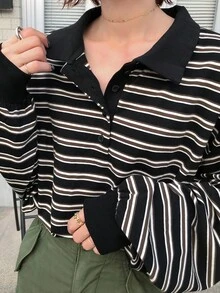 FRIFUL 女式休闲纽扣落肩条纹T恤，秋季长袖上衣 - 黑色 - 查看 5
