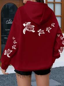 SHEIN EZwear 女士休闲简约酒红色卫衣，饰有海龟印花，适合秋冬季穿着 - 彩色 - 查看 3