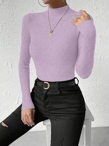 Chiquease Casual Solid Color Stand Collar Sweater, Autumn/Winter - Mauve Purple - View 5