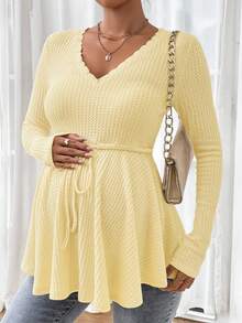 SHEIN Áo thun trơn màu trơn có dây rút eo dành cho bà bầu, mùa thu - Màu vàng - Xem 3