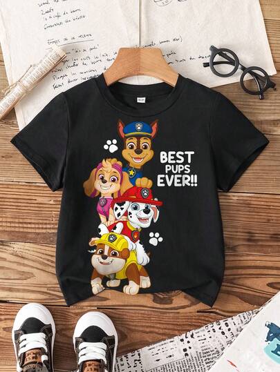 SHEIN | PAW Patrol T-shirt à col rond à manches courtes avec lettres et graphiques de dessins animés pour jeune garçon