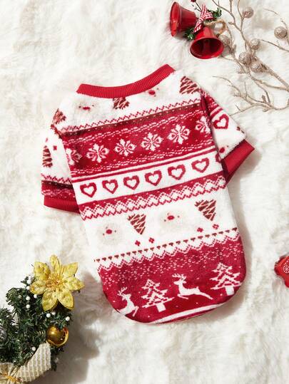 PETSIN 1 件宠物圣诞红熊心雪花几何提花羊毛保暖圆领狗狗运动衫