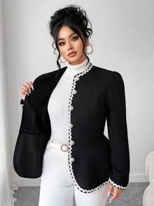 Elenzga 女式加大码白色丝带撞色块前开圆领插肩长袖 A 字宽松优雅舒适百搭休闲夹克，秋季