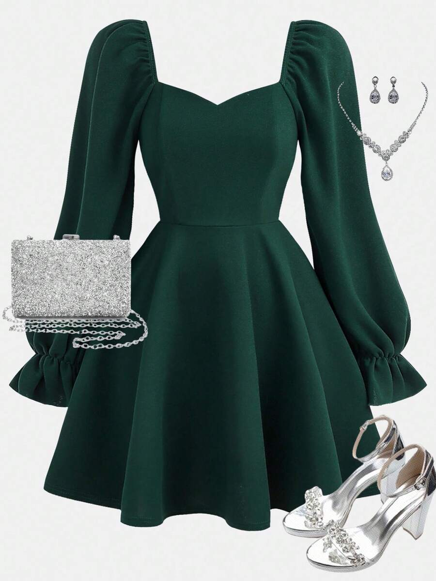 Girlism Teen Girls' Solid Color Sweetheart Neck A-Line Waist Dress - Dark Green - View 1