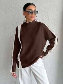 SHEIN Cottnline Casual Color Block Stand Collar Sweater, Autumn/Winter - Brown - View 8