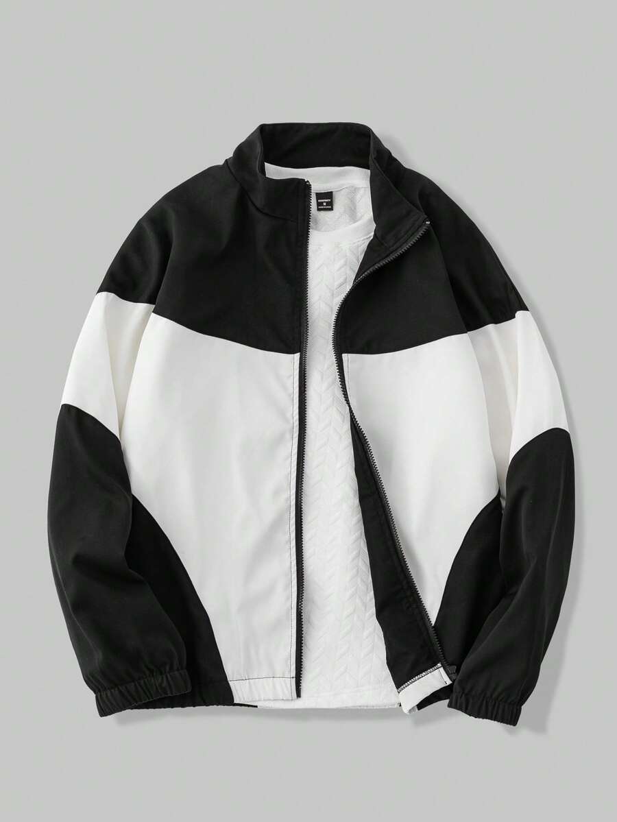 Manfinity Hypemode 男士黑白拼布夹克，男士长袖立领夹克 - 黑與白 - 查看 1