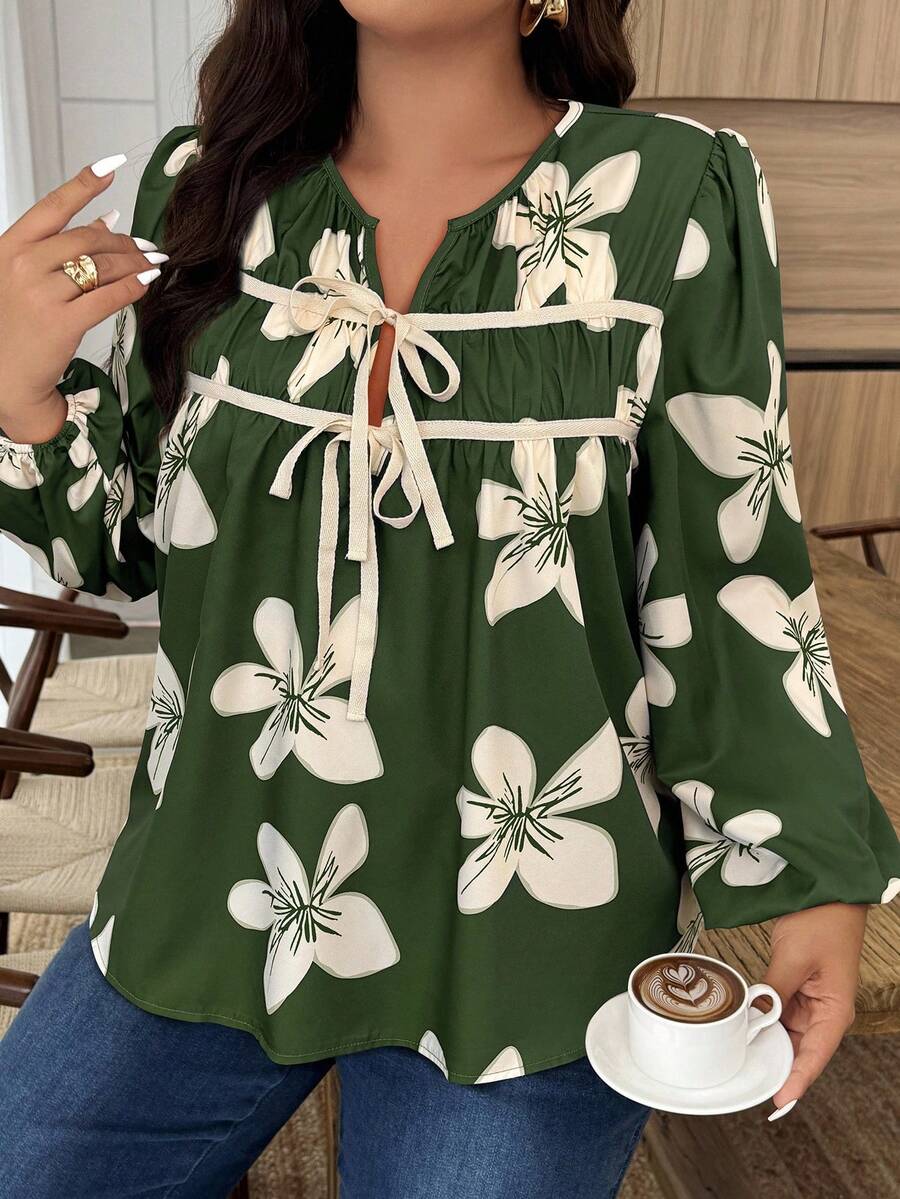 Weeklong Plus Size Floral Print Tie-Up Casual Shirt, Autumn - Multicolor - View 1