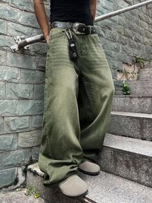 Manfinity EMRG 男士时尚复古水洗阔腿牛仔裤 - 綠色 - 查看 8