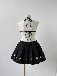 Sunspun 加大码黑色束腰宽松半身裙，十字架装饰，简约朋克风格，百搭黑色短裙 - 黑色 - 查看 2