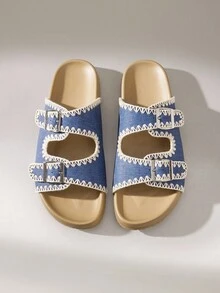 Solecia New Women Blue Embroidered Flat Casual Slip-On Sandals - Navy Blue - View 6