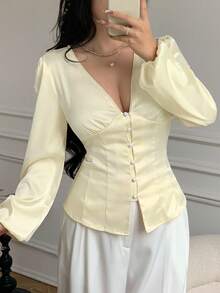 SHEIN LUNE Women's Waist-Cinched V-Neck Elegant Refined Satin Blouse, Long Sleeve - Apricot - View 6