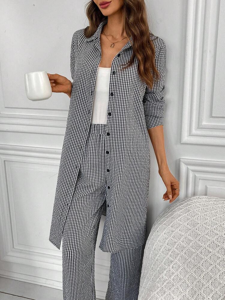 Conjunto de 2 piezas de top de manga larga con botones y pantalones con estampado a cuadros casual