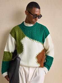 AKNOTIC Men's Casual Loose Fit Colorblock Crew Neck Long Sleeve Sweater, Autumn/Winter, Christmas