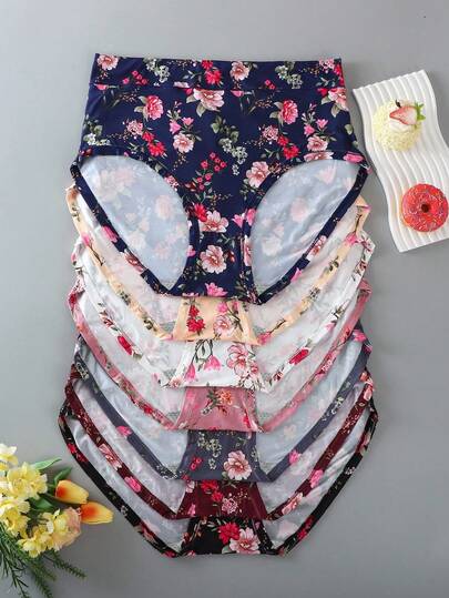 SHEIN 7pcs/Pack Plus Size Floral Print Comfortable Underwear Sets Floral Panties Pack Of Panties Panties 7 Piece Set Floral Lingerie Panties For Women