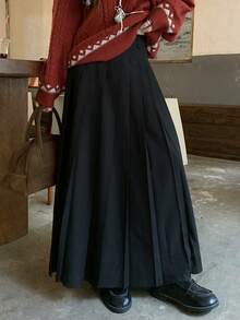 FRIFUL Chân váy xếp ly màu trơn dáng dài ngang gối dành cho nữ, kiểu dáng thường ngày. - màu đen - Xem 5