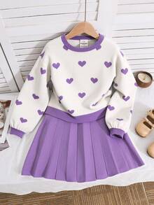 SHEIN 青少年女孩可爱紫心提花针织毛衣 + 裙子两件套，休闲日常时尚百搭针织套装女秋冬装 - 紫色 - 查看 1