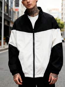 Manfinity Hypemode 男士黑白拼布夹克，男士长袖立领夹克 - 黑與白 - 查看 8