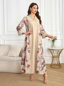 Al Najma 女士优雅花卉印花阿拉伯风格连衣裙 - 杏色 - 查看 3