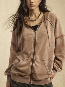 Easelle Brown Knit Casual Hooded Jacket For Women Western Retro Casual Style Washed Water Frayed Cut Winter Clothes For Women Autumn Zip Up Hoodie - Coffee Brown - View 6
