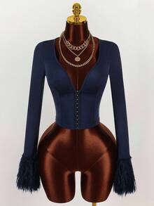 Amplova Y2K Amplova Women's Solid Color V-Neck Elegant Minimalist Everyday Metal Button Decor Fringed Long Sleeve Fitted Jacket Navy Blue Autumn Winter Clothes For Women