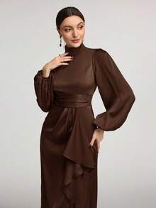 Veilorie Women Solid Color Stand Collar Ruffle Hem Long Sleeve Casual Dress Modest - Coffee Brown - View 8
