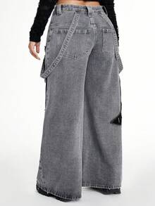 ROMWE Grunge Punk Plus Size Women Punk Distressed Washed Star Patch Loose Cargo Wide Leg Pants - Light Grey - View 3