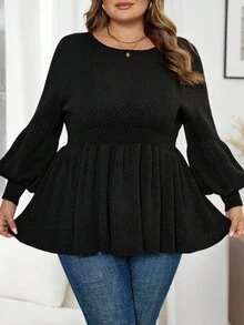 SHEIN CURVE+ Plus-Size Simple Black Long-Sleeved Fitted Waist A-Line Round Neck Sweater For Women In Fall/Winter - Black - View 5