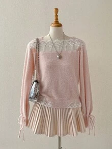 Elamini 优雅蕾丝针织长袖女毛衣，百搭秋冬 - 粉色 - 查看 6