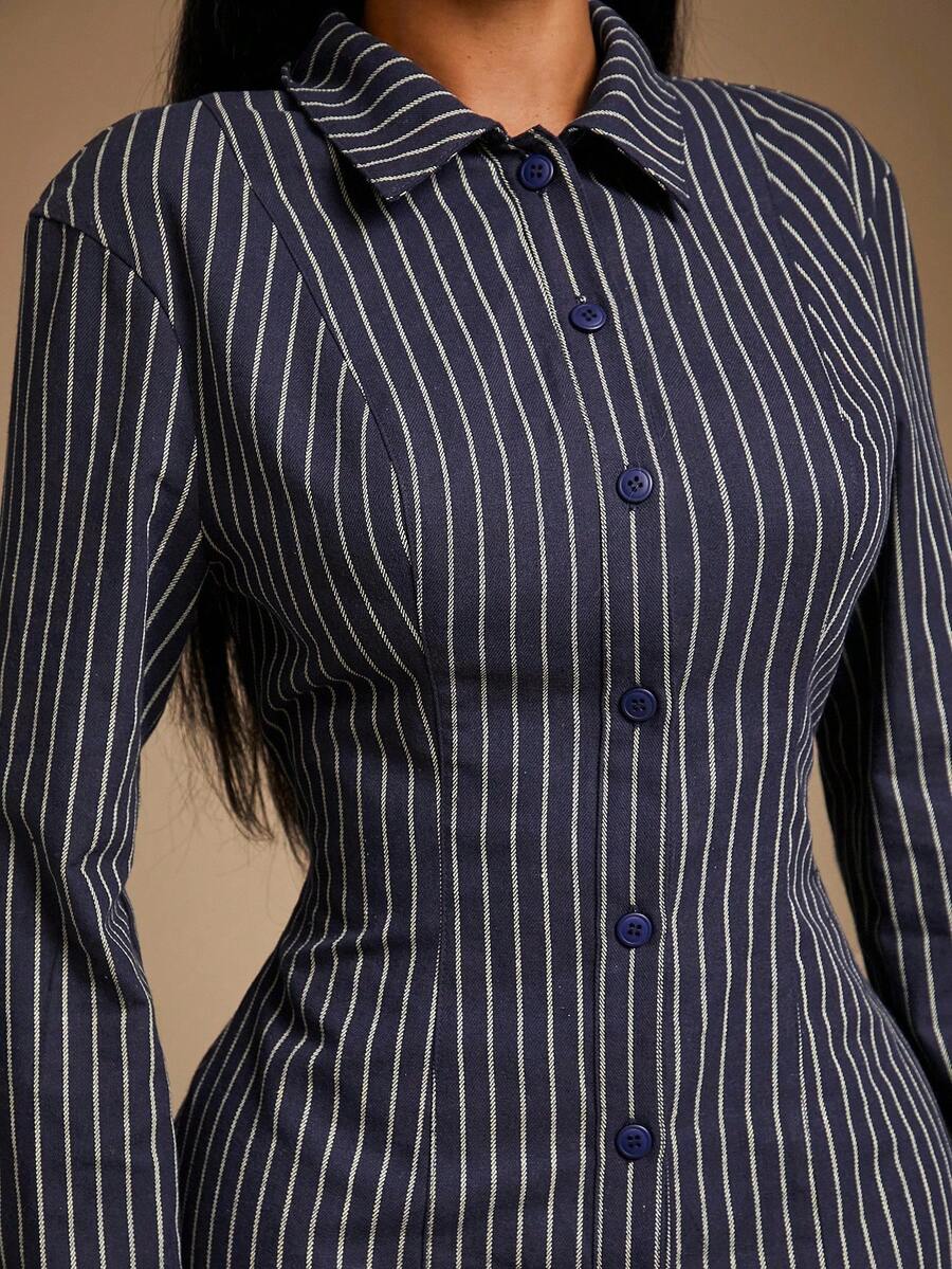 Radiana 大码女式休闲简约藏蓝色条纹衬衫裙，长袖中长修身连衣裙，适合办公室穿着，休闲商务装，通勤、工作、日常外出、聚会等场合，秋季女式竖条纹衬衫裙，商务休闲连衣裙 - 藍色 - 查看 1