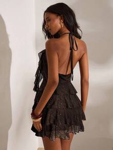 Opulessa Solid Color Knit Backless Sleeveless Ruffle Hem Women Mini Dress, Brown Sexy Christmas Outfit, Women's New Year's Eve Clothes, Thanksgiving Outfit, Elegant Party Dress, Graduation, Prom, Luxury Evening - Brown - View 2