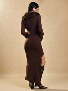Easelle Robe en tricot fendue élégante à col châle en fourrure marron foncé, manches longues, ourlet fendu sur le côté pour femmes - Tabac - Voir 3