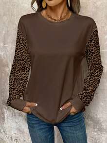 EMERY ROSE 女式休闲豹纹拼布T恤，秋季 - 白色 - 查看 5