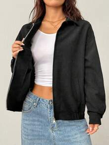SHEIN EZwear Women's Casual Retro Front Zipper Corduroy Fabric Loose Jacket, Suitable For Autumn/Winter, Old School