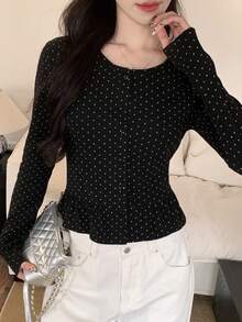 DAZY 女式圆点印花休闲长袖单排扣T恤 - 黑色 - 查看 4