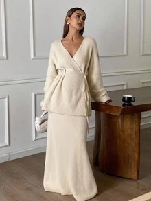 Livesso Women's Autumn V-Neck Loose Sweater Top And Casual A-Line Skirt 2 Pieces Set