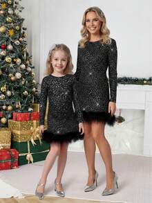 Young Girl Elegant & Cute Black Velvet Silver Dot Long Sleeve Dress Mommy&Me Matching Christmas Dress