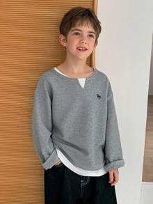 DAZY 青少年男孩独角兽印花长袖休闲二合一T恤，秋季 - 灰色 - 查看 8