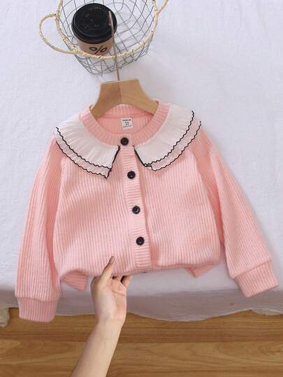 1 件女童粉色翻领儿童开衫，长袖可爱学院风简约毛衣，可作为夹克穿着，正面纽扣设计，方便穿着，可爱的公主风格，柔软面料，时尚百搭，休闲，适合外出、上学、春秋冬