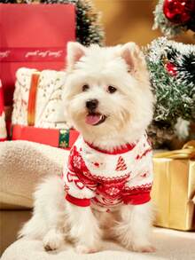 PETSIN 1 件宠物圣诞红熊心雪花几何提花羊毛保暖圆领狗狗运动衫