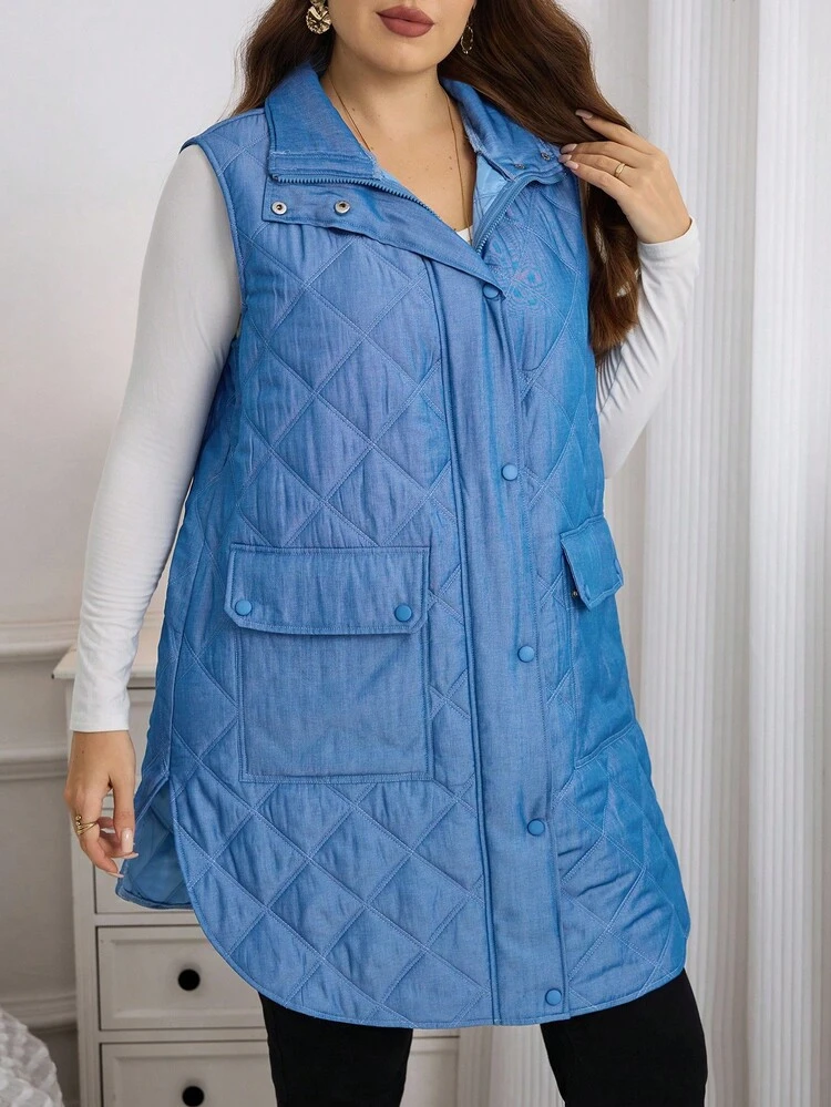 プラスサイズ レディース 無地 大きなポケット ジップアップ ノースリーブ カジュアル ウインタージャケット