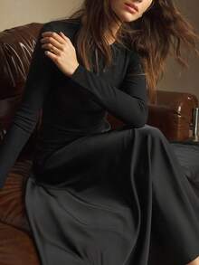 BizChic 黑色圆领不对称剪裁长袖缎面拼接飘逸下摆女式连衣裙，现代优雅都市通勤日常浪漫90年代复古风，适合圣诞节、新年、情人节派对、海滩、毕业典礼、时尚嘉年华、假日、婚礼宾客、外出、约会、派对、音乐会、舞台表演、早午餐、机场等场合。 - 棕色 - 查看 9