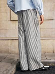 SWAVVY 男士字母图案松紧腰条纹阔腿宽松休闲裤 - 灰色 - 查看 2