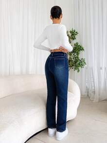 SHEIN Tall 女士口袋喇叭袖休闲百搭牛仔裤，高个女款，秋冬季保暖内衬蓝色牛仔裤 - 藍色 - 查看 5