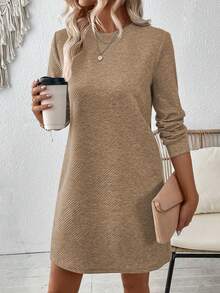 EMERY ROSE Women's Solid Color Casual Long Sleeve Everyday Dress - Khaki - View 5
