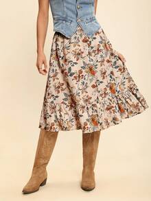 Coeurva Floral Print Ruffle Hem Skirt, For Vacation, Autumn - Multicolor - View 1