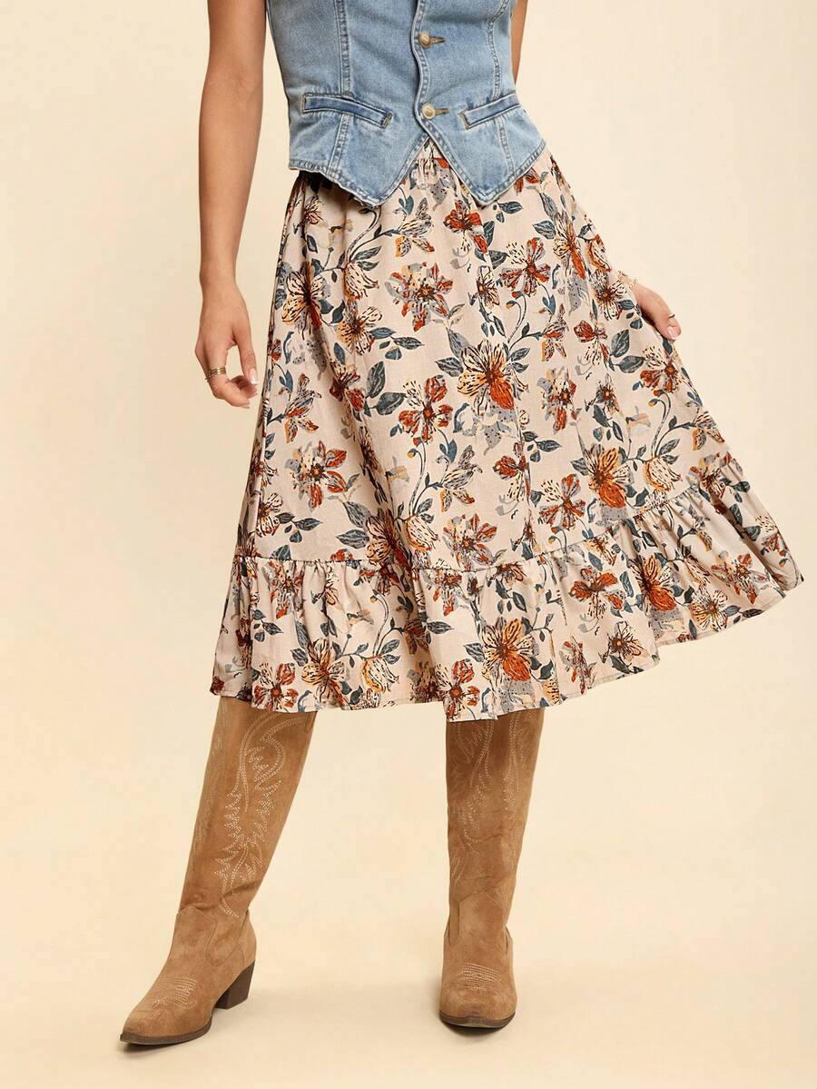 Coeurva Floral Print Ruffle Hem Skirt, For Vacation, Autumn - Multicolor - View 1