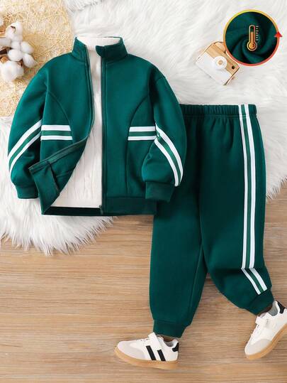 SHEIN 2pcs Kids Boys Casual Comfortable Ribbed Trim Hooded Loose Cardigan Jacket And Loose Fit Jogger Pants Knit Outfit Set, Green, Dark Green, Suitable For Christmas, School, Garden, Birthday, Fall, Autumn/Winter Season